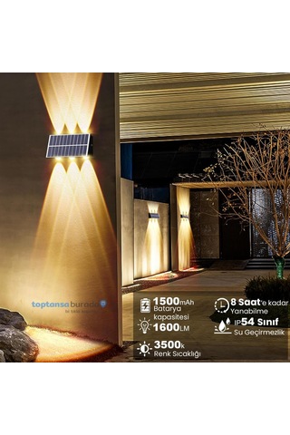 Technosmart 1adet Güneş Enerjili Çift Taraflı 6 Ledli Aplik Sarı Işık Duvar Lambası Bahçe Aydınlatma Diğer