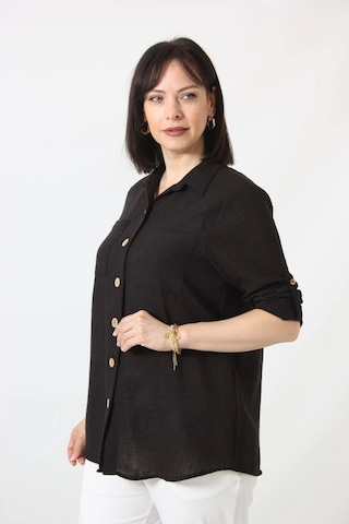 Moda Berray Sb-077 Siyah Pamuk Keten Kolu Apoletli İki Cepli Kadın Büyük Beden Gömlek Siyah
