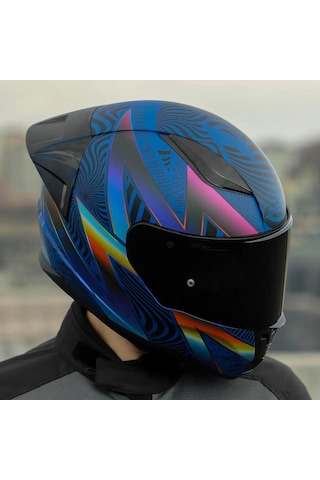 Yarış Spoiler + Şeffaf + Siyah Vizörlü + Ls2 Rapid 2 Optik Race Full Face Motosiklet Kaskı Mavi - Mor