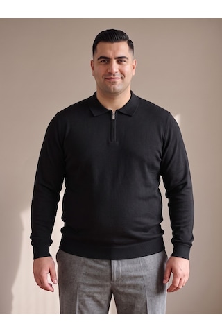 Maccali Erkek Siyah Büyük Beden Düz Fermuarlı Polo Yaka Triko Sweatshirt