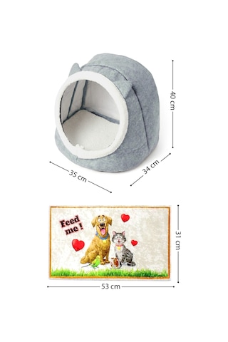 Alas Gri Keçe Kedi Ve Köpek Evi Yatağı-mama Kabı 2 Kaseli Kedi-köpek Suluk,mamalık Paspas Seti