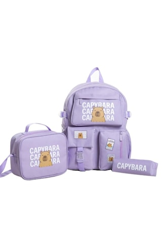 Capybara Desenli 3 Parça İlkokul Ortaokul Çanta Seti Sırt Çantası Beslenme Çantası Kalemlik Lila