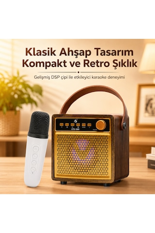 Kts-1865 3 Ahşap Hoparlör Kablosuz Mikrofonlu Taşınabilir Karaoke Sistemi Party Box Eğlence Paketi