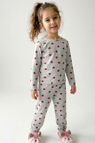 Breeze Kız Çocuk Pijama Takımı Kalp Desenli 4-8 Yaş, Açık Gri Melanj Açık Gri Melanj