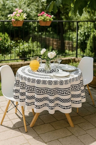 Yuvarlak Geometrik Siyah Desenli Duck Kumaş Masa Örtüsü 150x150 Cm Diğer