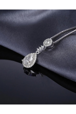Brezza Lusso Jewelry Zirkon Taşlı Işıltılı Damla Diamond Kadın Gümüş Kolye Küpe Seti