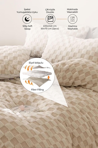 Evlen Home Çift Taraflı Kişilik Kürk Yorgan Uyku Seti Yumuşak Dolgulu Yatak Örtüsü 3 Parça Polo Krem
