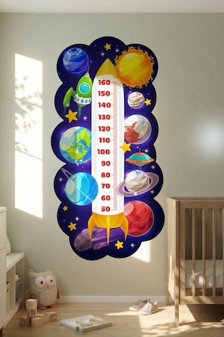 Gezegenler Temalı Dekoratif Çocuk Boy Ölçer Sticker Duvar Cetveli Takip Çizelgesi Figür 2 Lacivert