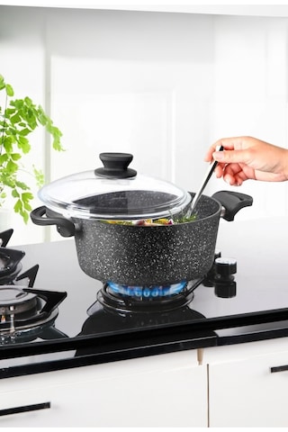 Diez 20 cm Granit Derin Tencere Siyah Cam Kapaklı Yapışmaz