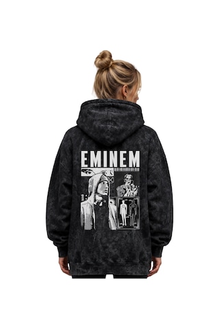 Sevbano Eminem Rapper Şarkıcı Baskılı Unisex Oversize Yıkamalı Hoodie Swe Siyah