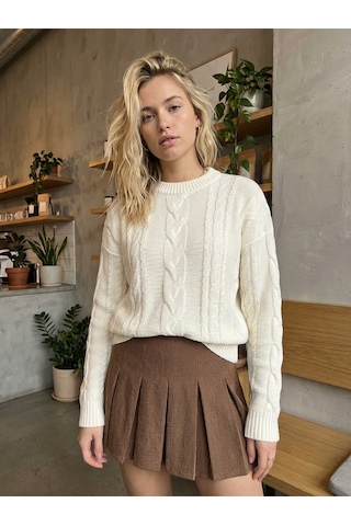 Sayzen Your Shine Saç Örgülü Basic Regular Triko Kazak Sy-2605 Ekru