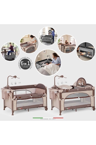 Elele Bonte 2 6 in1 Lüks Anne Yanı Oyun Parkı Park Yatak Xl 70x120 Cm Kahverengi