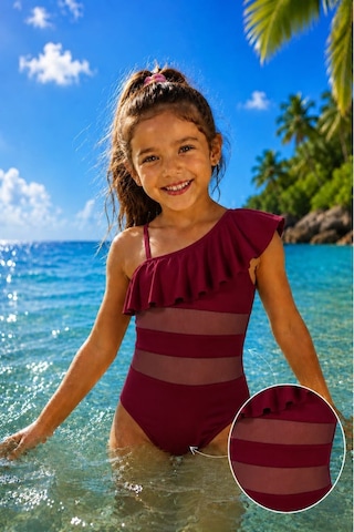 My Kids Wear Kız Çocuk Fırfır Ve Tül Detaylı Tek Parça Mayo. 12842 Bordo