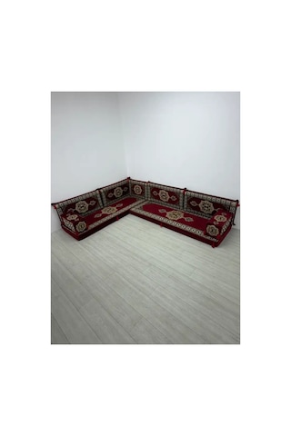 Güneş Modeli Bordo Otantik Şark Köşesi Takımı L Set - Geleneksel Yer Minderi Seti 10 Cm Minder Kalınlığı 9 Parça