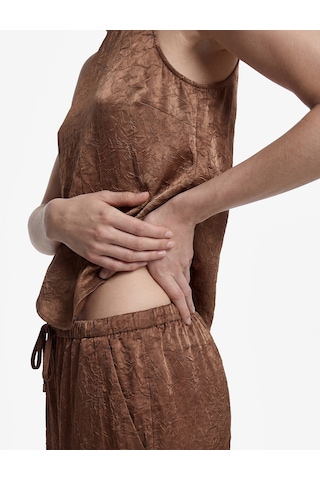 Koton Beli Bağcıklı Yüksek Bel Geniş Paça Saten Pantolon Kahverengi 7wak40024uw Kahve