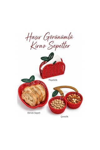 Hasır Görünümlü Kiraz Sepet Seti Ekmek Sepeti, Çerezlik Ve Peçetelik 3 Lü Set Kırmızı