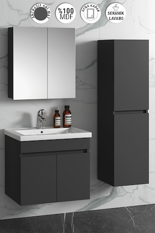 Çiğdem 55+35 Cm Antrasit Gri Mdf Sepetli Asma Banyo Dolabı Takımı Antrasit - Gri