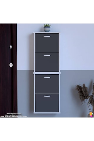 Modilayn Umay' 2 Li Asma Antre Hol 52x 156x26 Cm Lik 4 Düşer Kapak 8 Raf Bölmeli Ayakkabılık Antrasit - Beyaz