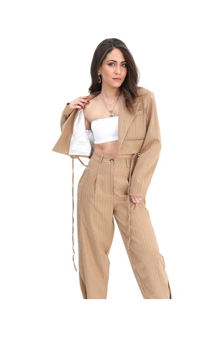 Ceket Kısa Vatkalı Fleto Cepli Çizgili - Camel-camel Camel