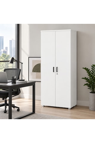 Modern Ahşap 2 Kapaklı 4 Raflı Dolap - 80x38x190 Cm - Beyaz Kahverengi