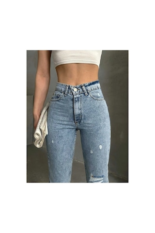 Kene Jeans Yüksek Bel Taş Yıkama Diz Lazer Yırtık Detaylı Mom Jeans Taş