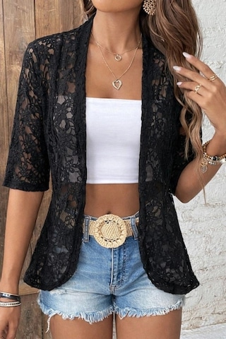 Defymoda Kadın Kısa Kollu Önü Açık Dantelli Ceket Siyah