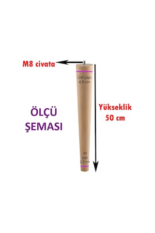 4 Adet Ahşap Ayak 50 Cm Masa Zigon Sehpa Tv Ünitesi Puf Tabure Ayağı Ayakları Konik M8 Civatalı Ahşap