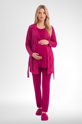 Mecit Pijama Mecit 6406 Fuşya Dantel Sabahlıklı Lohusa Pijama Takımı