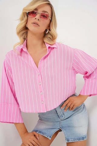 Defymoda Çizgili Oversize Kısa Gömlek 20326 - Pembe Pembe