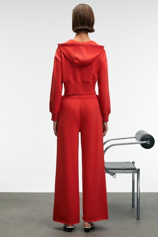 Grımelange Elara Kadın Metal Fermuarlı Nakışlı Kapüşonlu Crop Kırmızı Sweatshirt Kırmızı