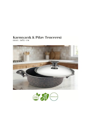 26 Cm Granit Karnıyarık & Pilav Tenceresi Çelik Kapak - Siyah Siyah