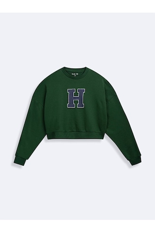 Ltb Bisiklet Yaka Baskılı Crop Yeşil Sweatshırt Yeşil L - XL