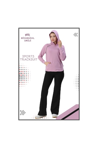 Kadın Spor Eşofman Takım İspanyol Paça Çift Cepli Alt &kapüşonlu Kanguru Cepli Üst Lila Rengi 3053 Lila