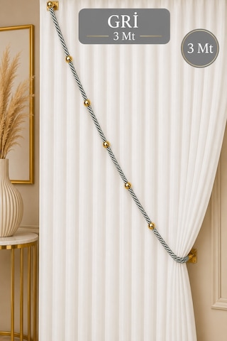 Gri Kruvaze Perde Tavan Korniş Bağlama Halatı - Gold Detaylı - Perde Süsü - 3 Metre - 1 Adet