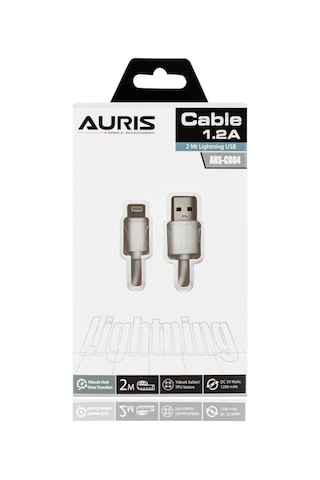 Auris ARS-CB04 2M 2.2A Apple iPhone Uyumlu Lightning Şarj Kablosu Beyaz