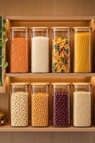 Porsima 7-4 Bambu Vakumlu Kapaklı Kare Borsilikat Cam 8li Kavanoz Seti Saklama Kabı 1900ml 9,5x27cm