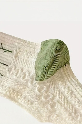 Kadın 5 Çift Premium Kalite Yeçil Çiçek Desenli Soket Çorap Beyaz - Yeşil