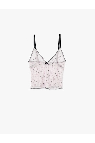 Koton Puantiyeli V Yaka Slim Fit Fiyonklu Tüllü Crop Pijama Üstü Pembe Desenli 7wlk90004mk