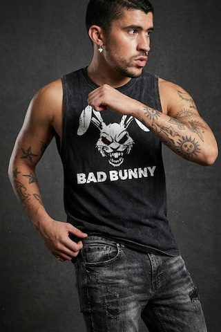 Technomonkey Siyah Erkek Pamuklu Antrenman Sporcu Atleti Oversize Yıkamalı Bad Bunny Baskılı Kolsuz T-shirt