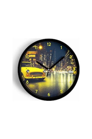 Klasik Araba Ve Gece Şehir Modern Duvar Saati - 25cm - Önü Camlı Siyah Kasa - Sessiz Mekanizma-jh0794 Siyah