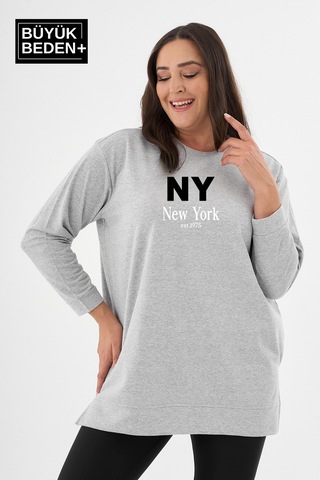 Süperlife Kadın Tunik Büyük Beden Ny Newyork Baskılı İnce Sweatshırt Spr26btk990-1 Grey Melange