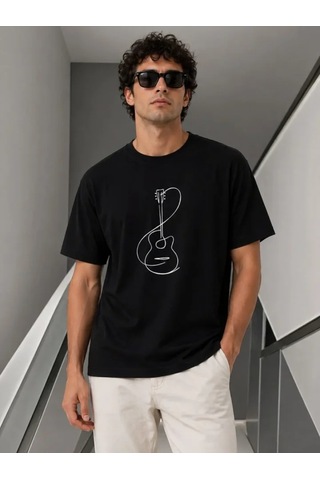 Modi Erkek Minimal Gitar Baskılı Tişört T-shirt Yazlık Kısa Kol Bisiklet Yaka T-shirt - Siyah Açık Lacivert - Gri - Siyah