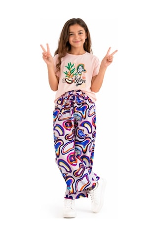 İrem Çocuk Giyim Kız Çocuk Belive Yazı Desenli Kısa Crop Tişörtlü Bol Paça Model Pantolon Oversize Pudra Renk Takım Pudra