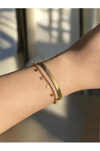 Yıldız Detaylı İtalyan Zincirli Çift Sıra Kadın Bileklik Altın