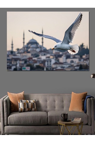 Uçan Martı Ve İstanbul Silueti Dekoratif Kanvas - Mdf Ahşap Tablo