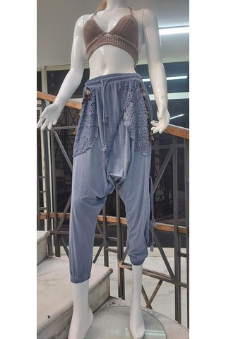 Bohem Stil Kadın Beli Bağlamalı Saçak Detaylı Bohem Şalvar-9241 Kot Mavisi Mavi