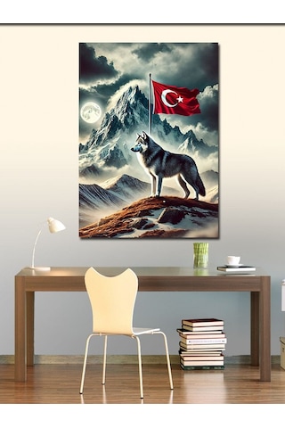 Kanvas Tablo Kurt Ve Türk Bayrağı 100cmx140cm