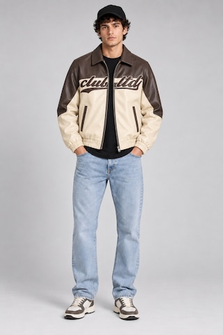 Maison Rae Erkek Krem, İçi Kürklü, Çift Renkli, Yazı Detaylı,oversize Suni Deri Bomber Ceket