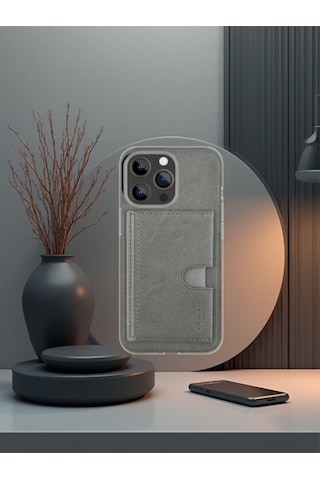 Kartlıklı Tutacaklı Apple Uyumlu iPhone Hakiki Deri Koruyucu Kılıf 12 Pro Gri