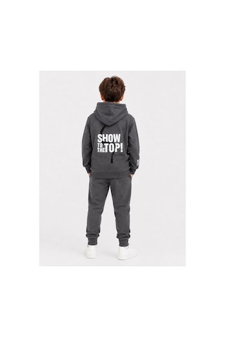 H&c Coolboy H&c Erkek Çocuk Haki Kapüşonlu Baskılı Eşofman Takımı Sweatshirt Ve Jogger Alt Gri Antrasit